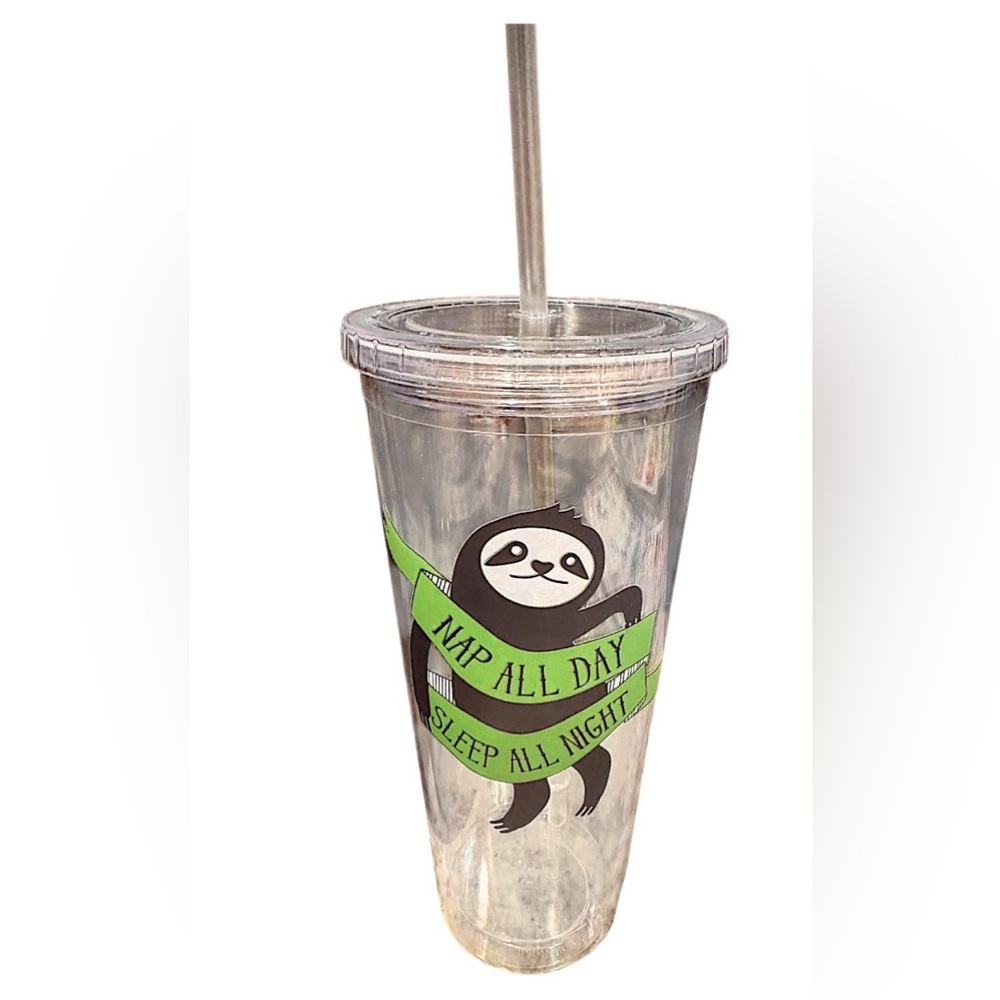 Sloth Design Clear Tumbler with Straw sleep all day